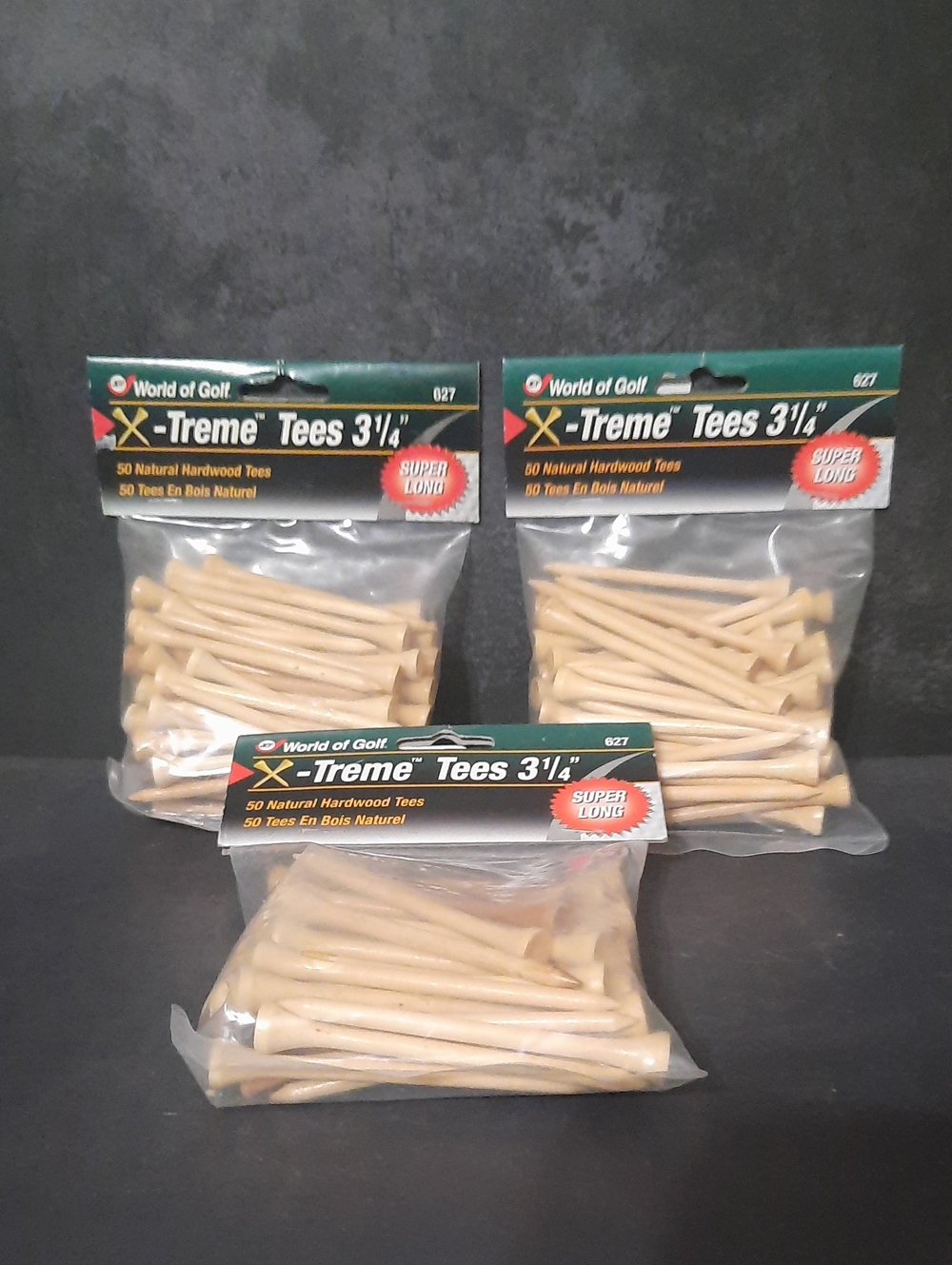 Set Of 3 Packs Of X-Treme 3¼" Natural Hardwood Golf Tees - Pack of 50